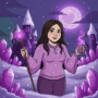 A digital illustration of a woman with long dark brown wavy hair and freckles, wearing a cozy lavender sweater decorated with small hearts and snowflakes, and a crystal pendant necklace. She holds a wooden staff topped with a glowing pink heart-shaped crystal in her right hand and a steaming purple mug in her left. The background features a whimsical winter nightscape in shades of purple—snow-covered hills dotted with clusters of glowing amethyst crystals, a fantastical castle with pointed spires and a glowing heart emblem, a large pale pink moon, and wispy clouds against a starry sky.