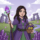 An illustration of a young woman with long dark wavy hair, wearing a purple flower crown, a purple hooded cloak, and a green dress with a Celtic-knot belt. In one hand, she holds a wooden staff topped with a glowing purple crystal wrapped in green magic. Her other hand holds a woven basket filled with purple crocuses and yellow daffodils. She stands in a fantasy landscape featuring rolling green hills, a winding river, ancient stone arches, large purple crystals, and a crescent moon in a light purple sky.